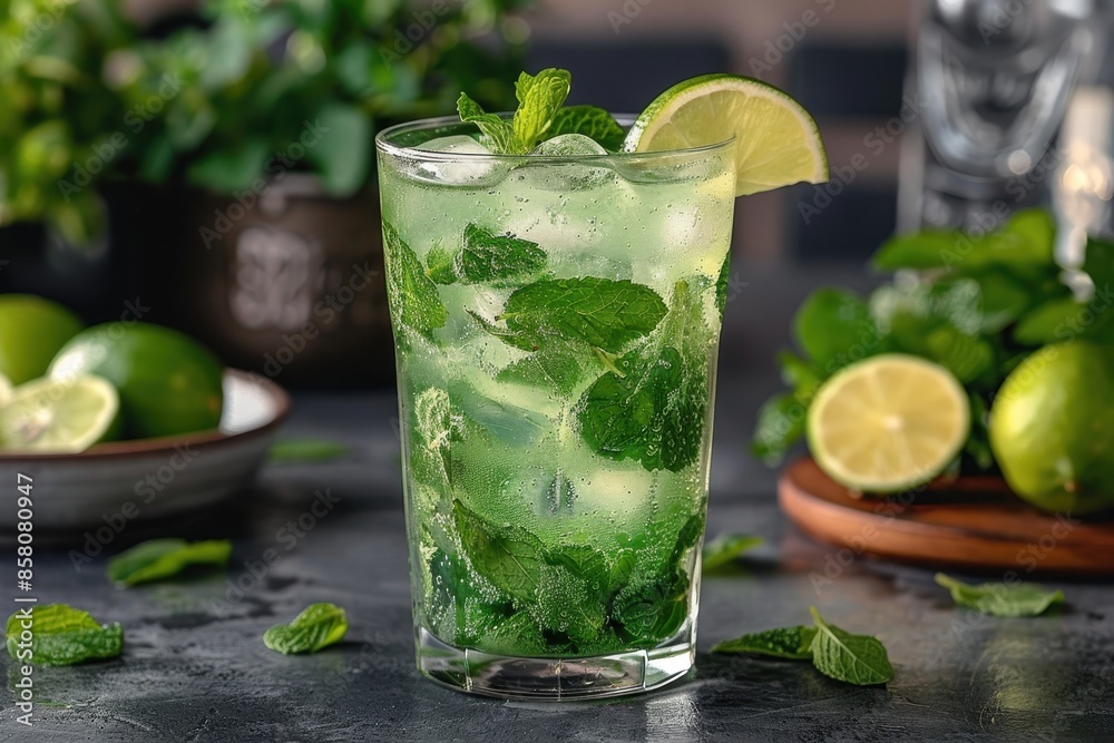 A refreshing mint mojito cocktail in a highball glass, with muddled mint leaves, lime juice, white rum, and soda water A refreshing mint mojito cocktail in a highball glass, with muddled mint leaves, lime juice, white rum, and soda water