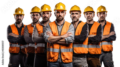 Photograph of a group of construction workers wearing reflective vests and hard hats, standing confidently with their arms crossed against a transparent background