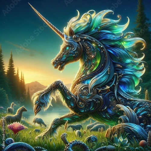 A majestic metallic unicorn with intricate designs stands in an enchanted forest during a captivating sunrise or sunset photo