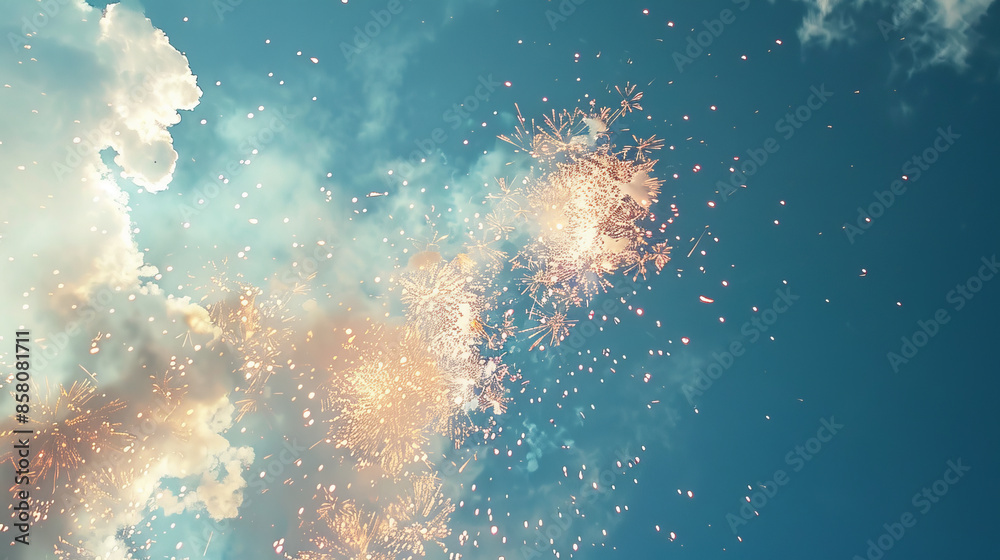 Fireworks explode beautifully against a sky blue backdrop, leaving room for your words or designs. Fireworks explode beautifully against a sky blue backdrop, leaving room for your words or designs.