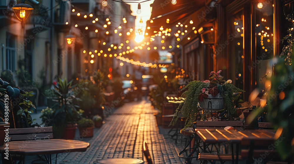 Outdoor cafe with string lights, the sun setting behind the buildings. Generative AI.