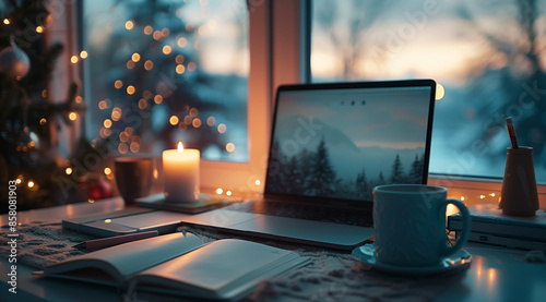 A cozy home office setup with an open laptop, notebook and coffee cup on the desk, a lit candle in front of a window overlooking winter landscape, warm lighting creating a comforta photo