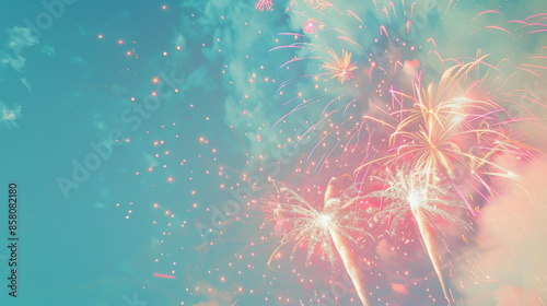 Fireworks explode beautifully against a sky blue backdrop, leaving room for your words or designs. photo