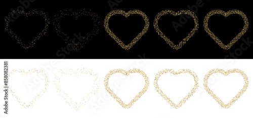 Golden sparkling glitter with heart shape. Gold confetti love sign. Gold dust glorious decorative glowing shiny design.
