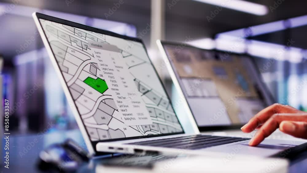 African American woman closely examining cadastral map on laptop screen