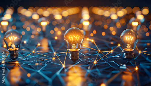 Illuminated light bulbs forming a network on a dark surface, symbolizing creativity, inspiration, and innovation in a connected world. photo