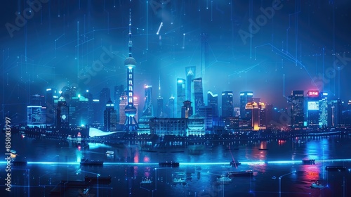 Shanghai city with glowing blue lines and holographic buildings on a dark background, depicting a technology theme concept. Generative AI. © visoot