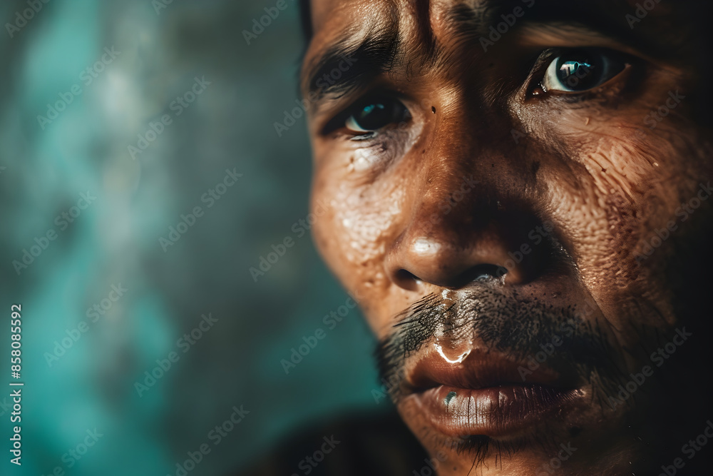 A man with a distant look, tears in his eyes.
A man with a distant look, tears in his eyes.