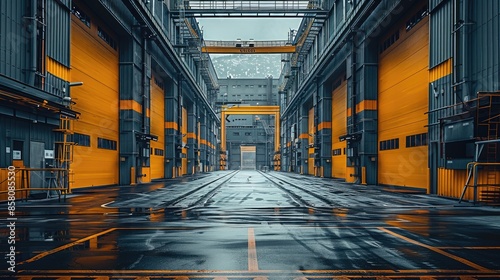 A factory area, with 4-story factories on both sides, dark gray in color. The width between the two factories is 10 meters, and there is an open warehouse gate on the opposite side. Generative AI. photo