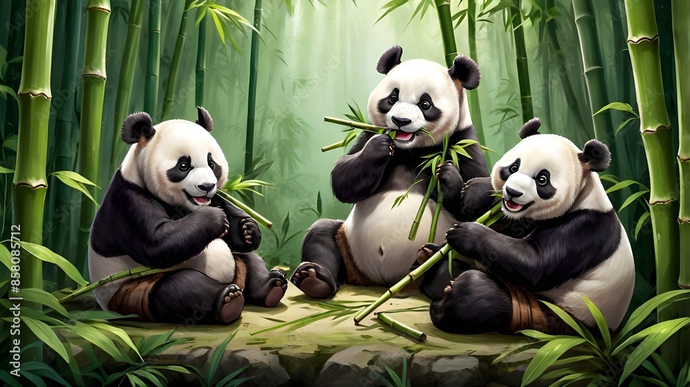 Obraz premium Illustration of pandas sitting and munching on bamboo in a lush bamboo forest, showcasing their adorable and relaxed demeanor