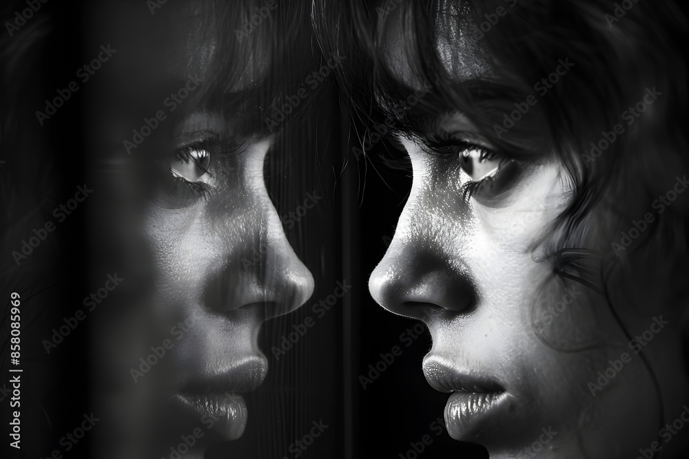 A person looking at their reflection, eyes filled with sadness.
A person looking at their reflection, eyes filled with sadness.