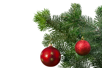 Christmas Decorations with tree branches and baubles isolated on white background