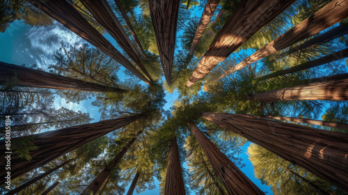 A wide-angle view of the sky in a sequoia forest, with tall redwood trees towering above and sunlight filtering through their branches. The photo captures the vastness of nature's beauty.
