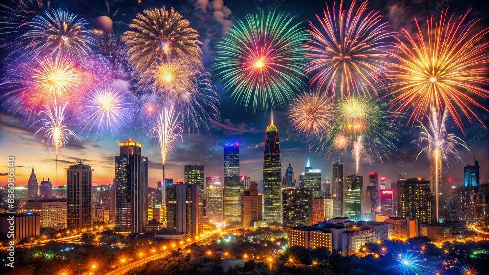 Obraz premium Vibrant fireworks explode in a night sky above a festively decorated cityscape, illuminated buildings, and shimmering confetti, ushering in a joyous 2025 celebration.