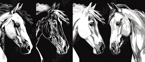 horse heads in black and white, with ink splashes, showcasing dynamic and abstract motion. photo