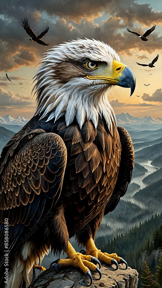 Obraz premium A majestic bald eagle perches on a rock with a mountainous landscape and river in the background,