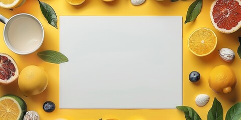 A white space in the center for write something later. Create a front page of a coloring book. The background in pastel yellow color. Put some small food around it. top view. Generative AI.