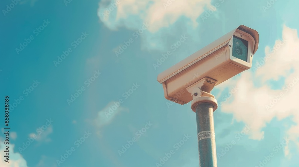 CCTV camera provides security for individuals and businesses with sky and copy space as background on metal pole CCTV camera provides security for individuals and businesses with sky and copy space as background on metal pole