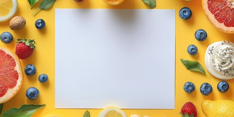 A white space in the center for write something later. Create a front page of a coloring book. The background in pastel yellow color. Put some small food around it. top view. Generative AI.