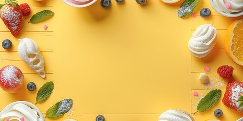 A white space in the center for write something later. Create a front page of a coloring book. The background in pastel yellow color. Put some small food around it. top view. Generative AI.