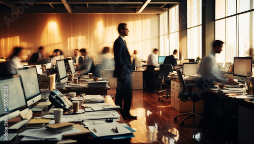 A chaotic office atmosphere, a messy desk with a warm golden color shining in the background photo