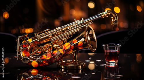 A saxophone and a glass of wine placed on a table, creating a harmonious ambiance.