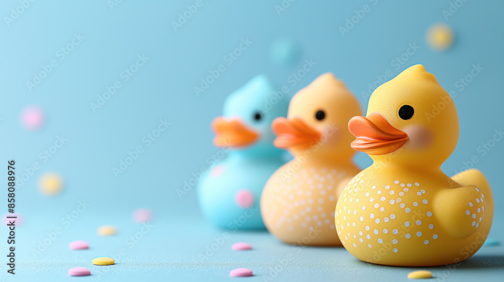 Thre fun rubber ducks on the blue blurred background with copy space Thre fun rubber ducks on the blue blurred background with copy space