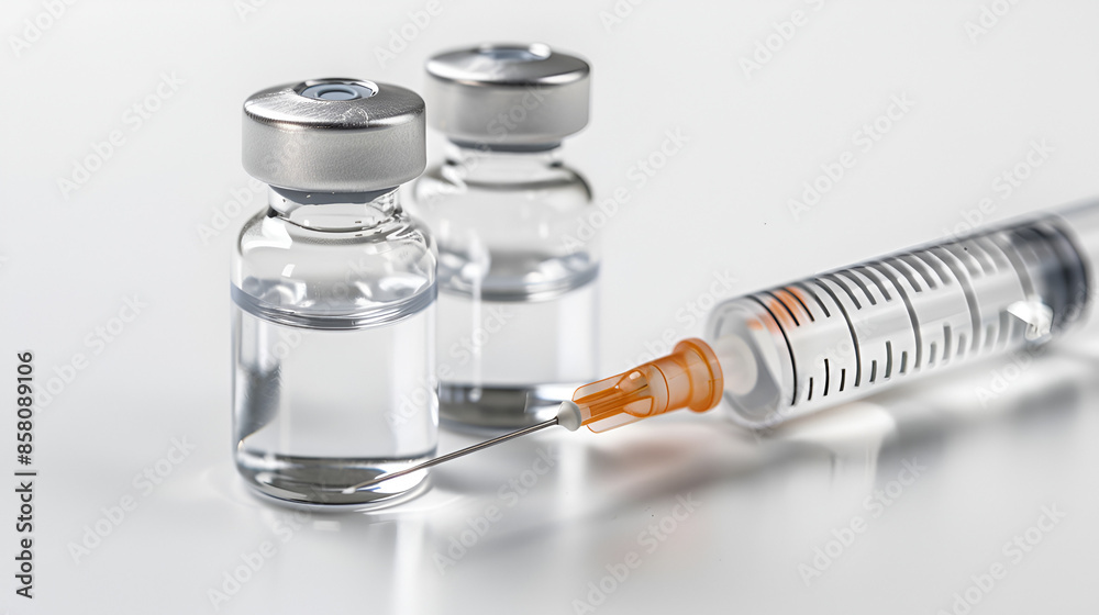 Two empty vials lying on a white background, shot at a 30-degree angle, with an empty insulin syringe lying next to them, no number insulin syringe Two empty vials lying on a white background, shot at a 30-degree angle, with an empty insulin syringe lying next to them, no number insulin syringe