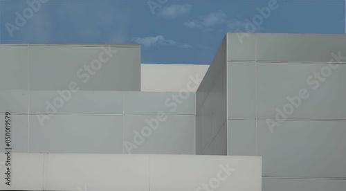 Minimalistic architectural design of a modern building with a clear blue sky background