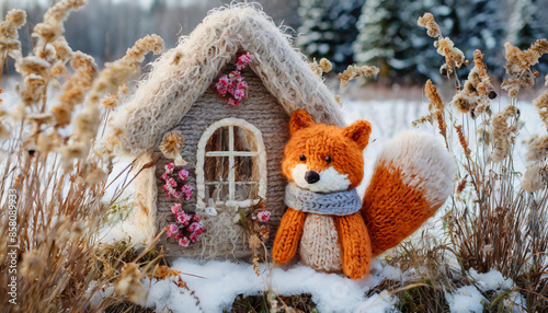 A cute  wool felted fox in front of a cozy fairytale knitted house	 photo