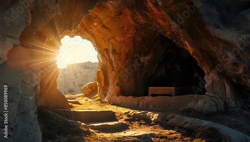 Wallpaper Mural Sunlit Cave with Stone Bench in Rocky Mountainous Area Torontodigital.ca