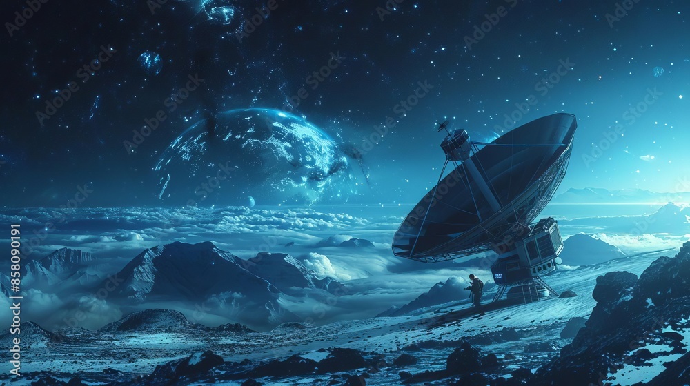 Fototapeta premium Satellite dish facing a distant planet, representing deep space communication, satellite dish, distant planet, space communication