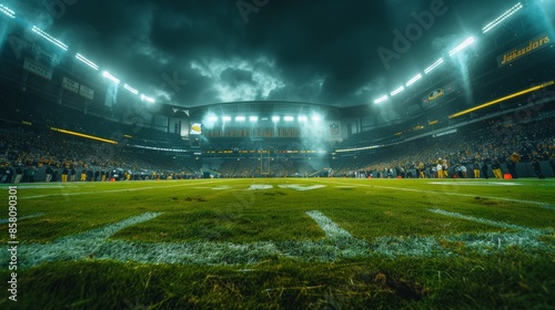 Wide-Angle Night Shot of Lambeau Field with Illuminated Empty Football Field