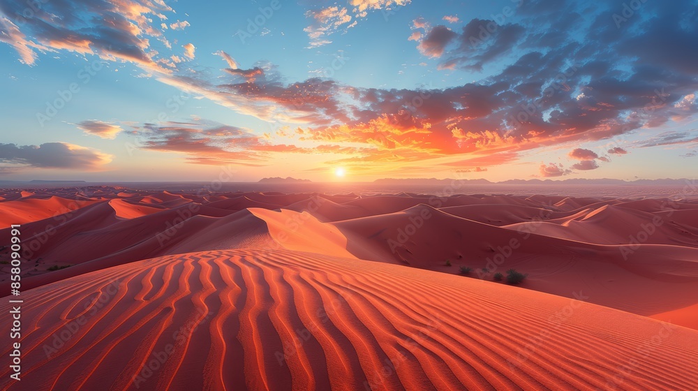 Glowing red sand dunes, desert sunset, expansive view, golden hour glow, dramatic shadows, intense hues, high clarity, tranquil atmosphere, breathtaking visual Glowing red sand dunes, desert sunset, expansive view, golden hour glow, dramatic shadows, intense hues, high clarity, tranquil atmosphere, breathtaking visual