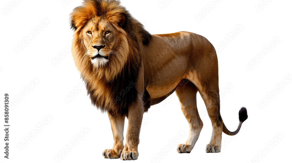 Photograph of a majestic lion with a flowing mane, standing proudly against a transparent background. Photograph of a majestic lion with a flowing mane, standing proudly against a transparent background.
