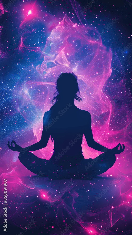 A woman sits in a meditative pose in front of a colorful galaxy, her silhouette outlined against the vibrant hues of the cosmic landscape A woman sits in a meditative pose in front of a colorful galaxy, her silhouette outlined against the vibrant hues of the cosmic landscape