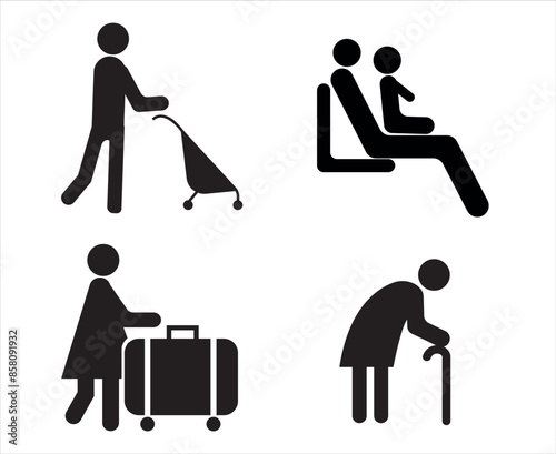 Gguidance pictogram icons about social life.Guidance icon set vector illustration, airport, bus station, shopping mall