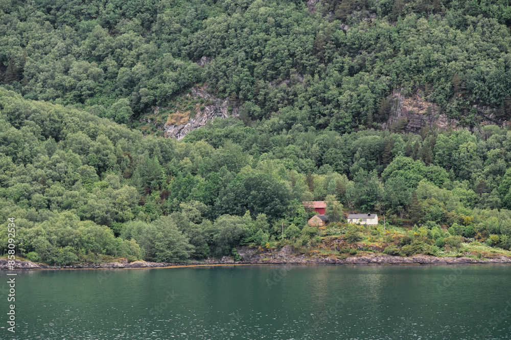 Naklejka premium Quaint, Norwegian buildings, hugging the shore of Nordfjord, one on the most spectacular fjords in Norway.