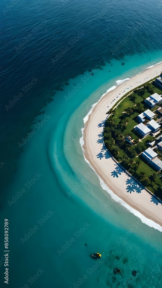 Fototapeta premium Aerial view of a long, curved beach with gentle waves lapping against the sandy shore. 