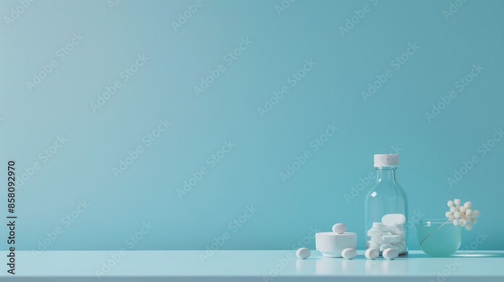 Blue background with pills and tabletop display space Blue background with pills and tabletop display space