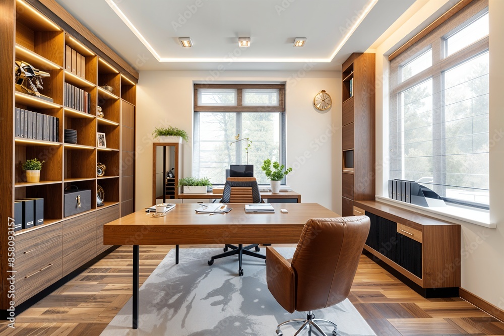 Fototapeta premium a room with a desk, chair, bookshelf and a window