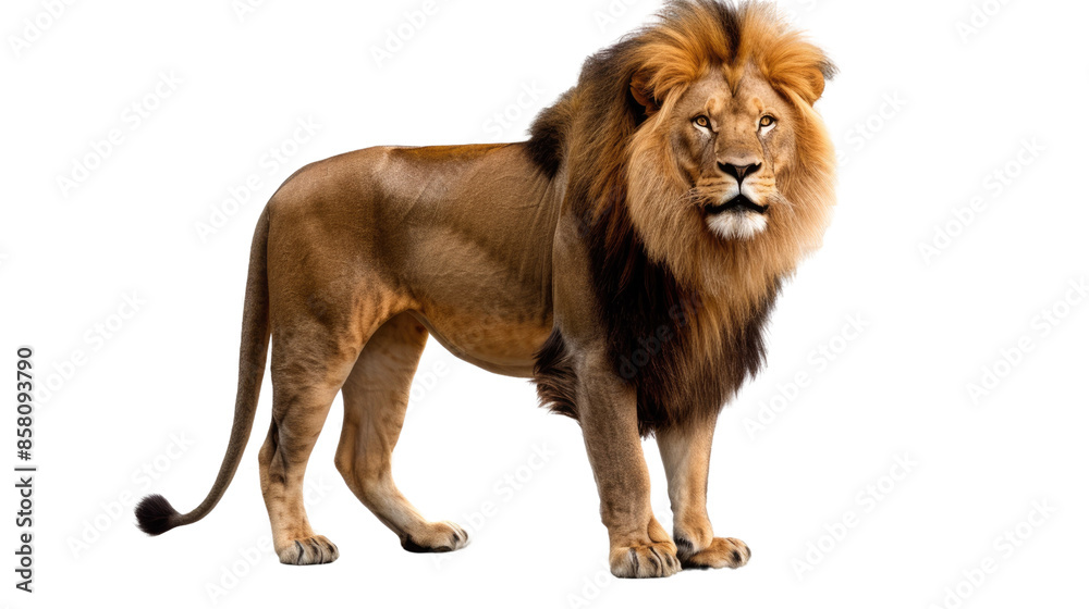 Photograph of a majestic lion with a flowing mane, standing proudly against a transparent background. Photograph of a majestic lion with a flowing mane, standing proudly against a transparent background.