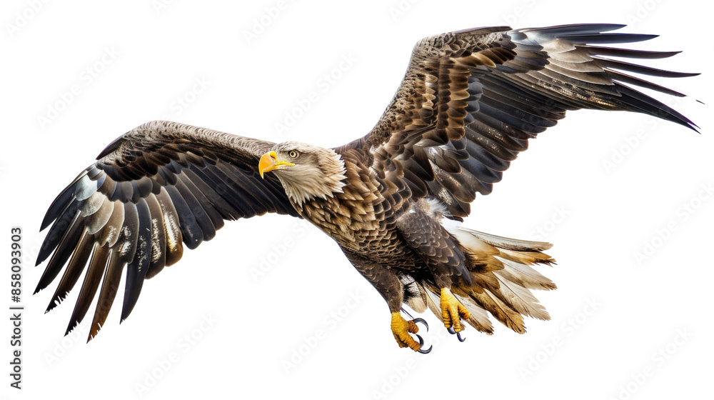 Obraz premium Photograph of a majestic eagle soaring through the sky, its wings outstretched, set on a transparent backdrop.