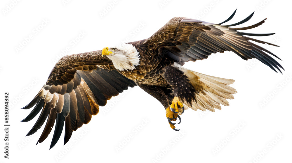 Naklejka premium Photograph of a majestic eagle soaring through the sky, its wings outstretched, set on a transparent backdrop.