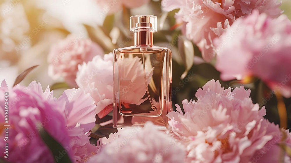 Glass bottle of fragrant eau de toilette against a background of pink peonies female perfume concept mock up close up Glass bottle of fragrant eau de toilette against a background of pink peonies female perfume concept mock up close up