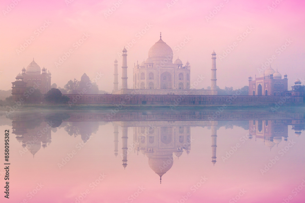 Naklejka premium Taj Mahal on sunrise sunset reflection in Yamuna river panorama in fog, Indian Symbol - India travel background. Agra, Uttar Pradesh, India
