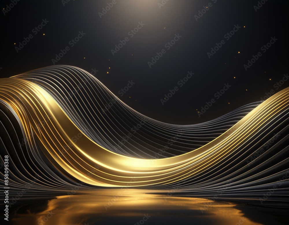 Gold black podium background 3D golden product line stage dark platform wave display. Design podium black luxury gold light scene pedestal presentation showcase event beauty shine object cosmetic sale