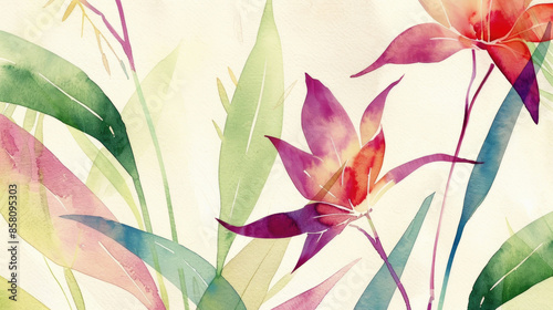 A watercolor illustration of vibrant, colorful flowers with green leaves on a white background