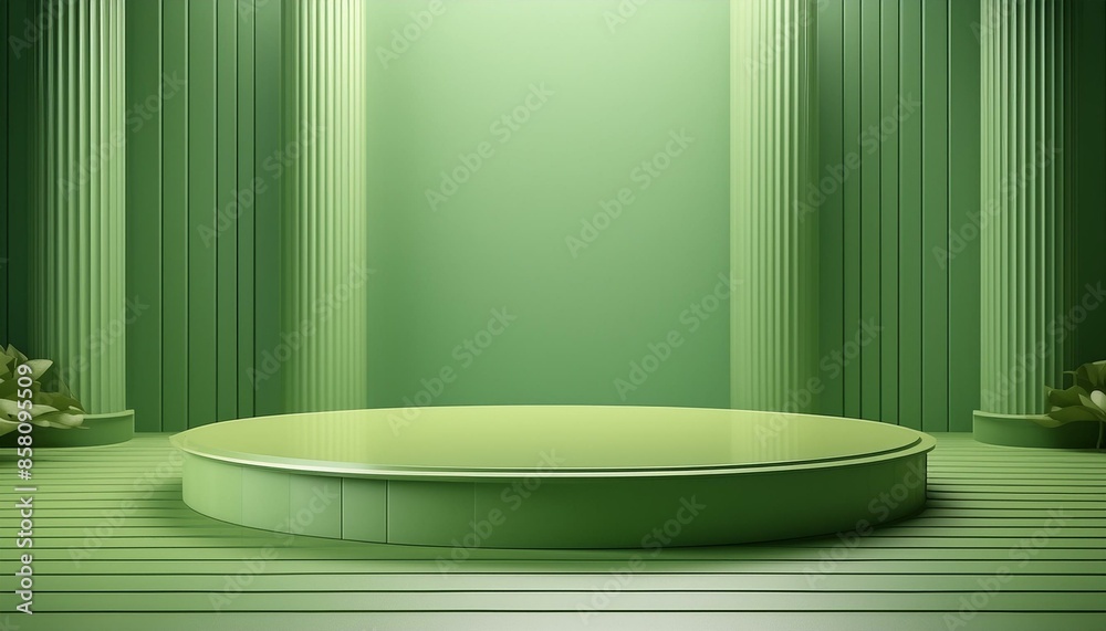 Green podium background platform product 3d studio presentation stage. Light abstract simple pedestal floor stand scene, wall pastel green color background render. Generative AI illustration Green podium background platform product 3d studio presentation stage. Light abstract simple pedestal floor stand scene, wall pastel green color background render. Generative AI illustration