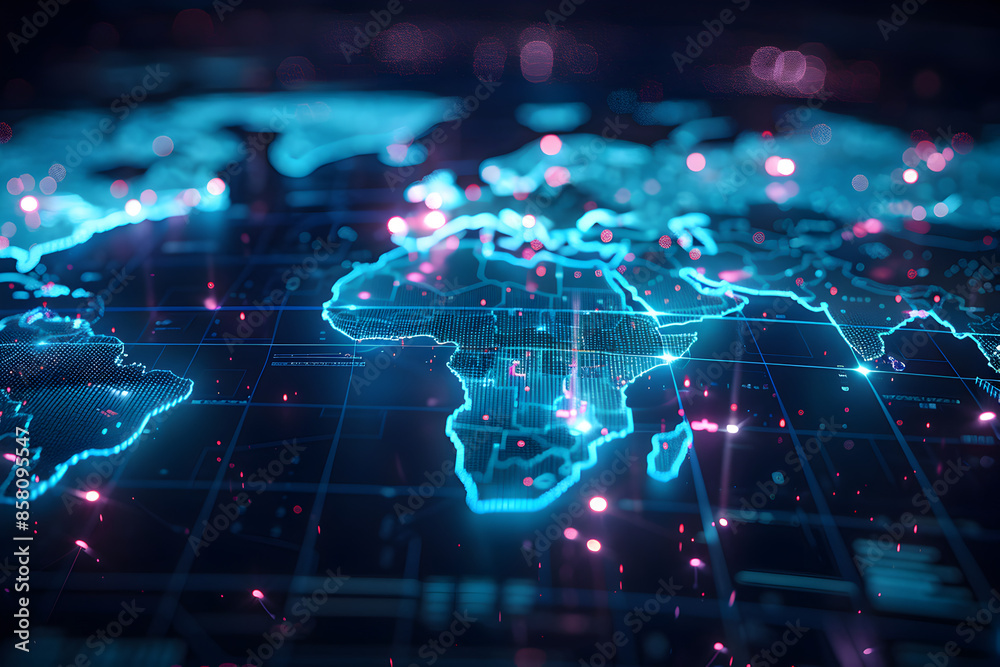 A futuristic world map with interconnected glowing nodes.
A futuristic world map with interconnected glowing nodes.